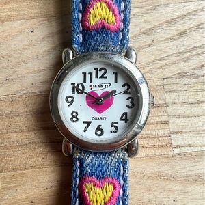 Vintage Milan II ladies denim embroidered hearts fashion watch NEW BATTERY